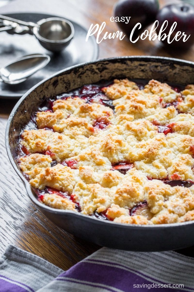 A skillet filled with a fruit cobbler