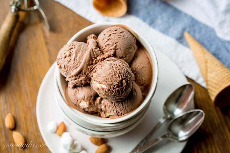 Rocky Road Ice Cream - A rich, smooth chocolatey bowl of deliciousness blended with fluffy mini-marshmallows and chopped roasted almonds. A great treat with terrific textures and flavor. www.savingdessert.com