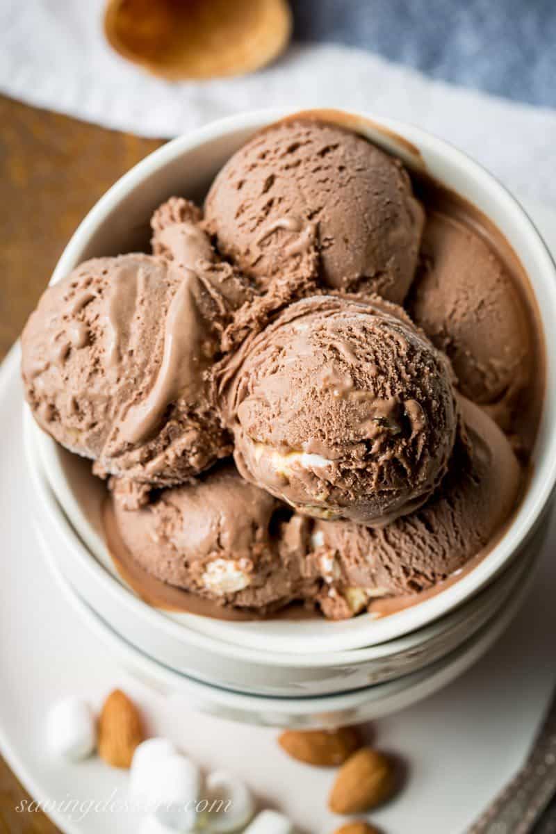 Rocky Road Ice Cream - A rich, smooth chocolatey bowl of deliciousness blended with fluffy mini-marshmallows and chopped roasted almonds. A great treat with terrific textures and flavor. www.savingdessert.com