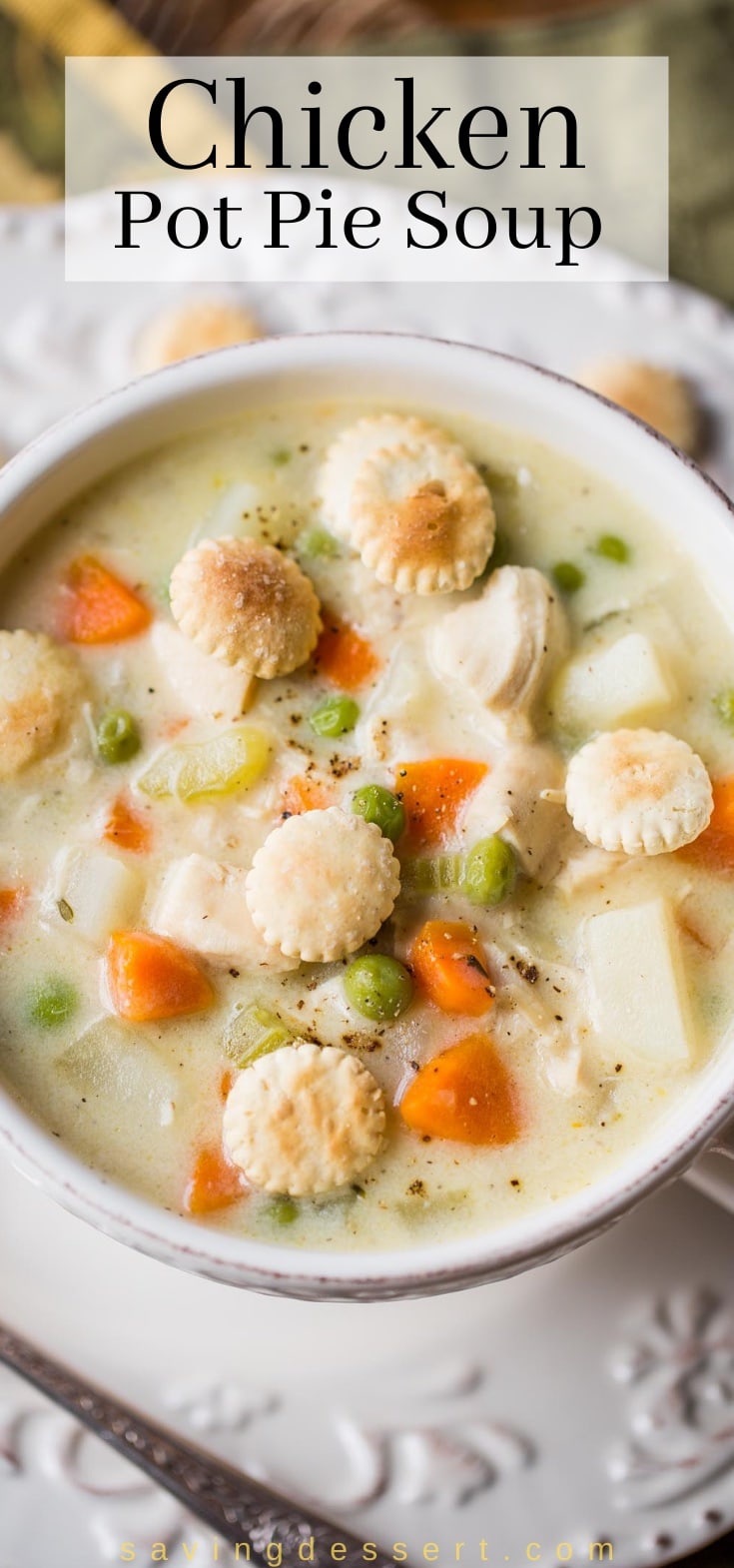 An overhead view of a bowl of chicken soup with oyster crackers on top