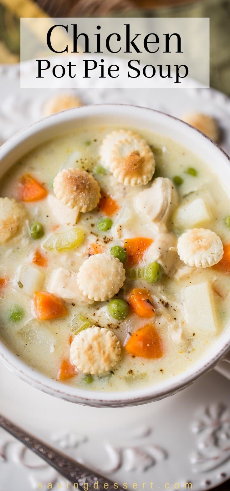 An overhead view of a bowl of chicken soup with oyster crackers on top