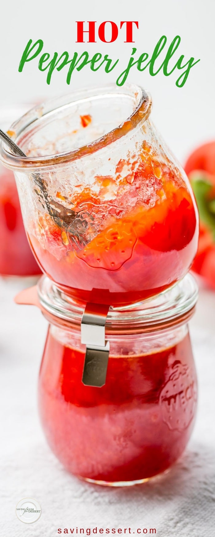 Hot Pepper Jelly ~ spicy, hot red cherry peppers and sweet red bell peppers combine in this easy and delicious jelly ... perfect for the season! #savingroomfordessert #hotpepperjelly #appetizer #jelly #redpepper
