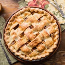 Overhead view of a lattice topped caramel apple pie
