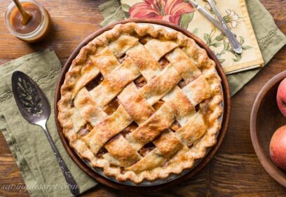 Overhead view of a lattice topped caramel apple pie