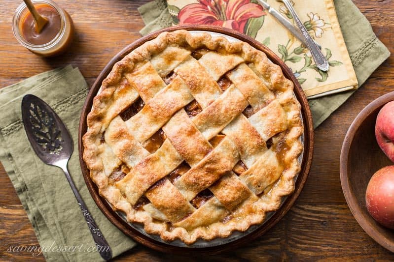 Overhead view of a lattice topped caramel apple pie