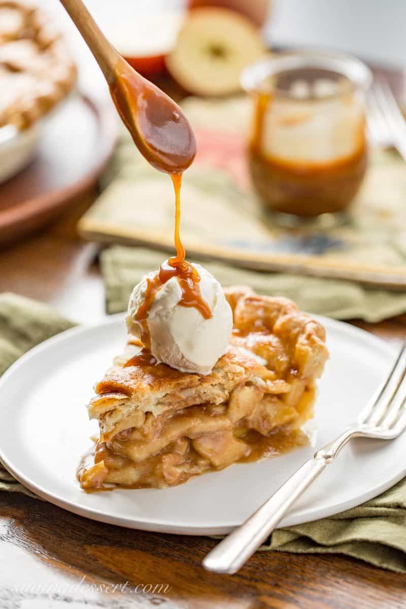 Caramel Apple Pie ~ a delicious twist on a classic apple pie.  The pie is lightly sweetened with a creamy caramel sauce, then served with an extra drizzle on top.  www.savingdessert.com #savingroomfordessert #applepie #pie #apple #caramelapple #caramelapplepie