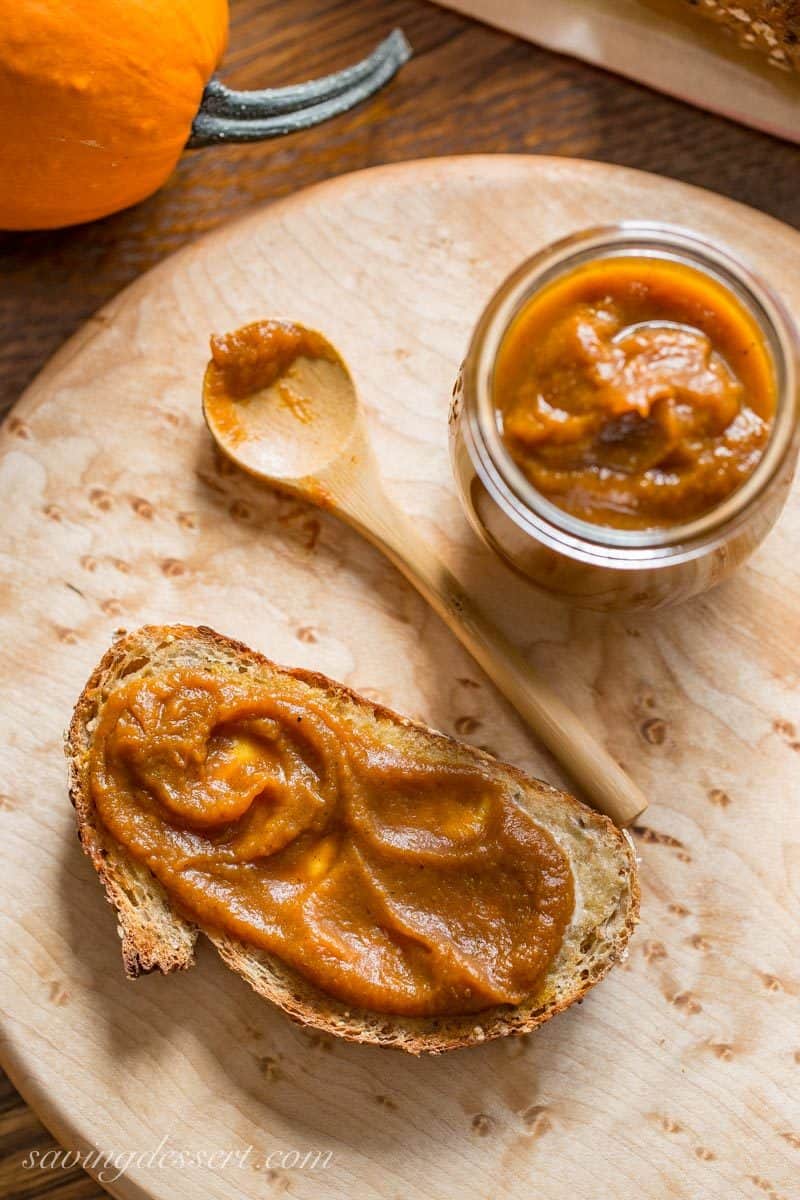 An overhead view of a slice of toast slathered with maple pumpkin butter