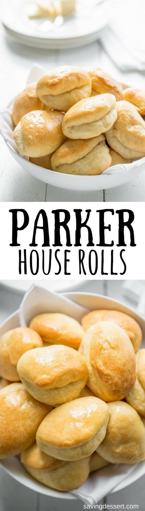 Homemade Parker House Rolls ~ Puffy, pillowy soft and buttery, homemade Parker House Rolls are easy to make and even easier to eat! www.savingdessert.com #savingroomfordessert #parkerhouserolls #homemaderolls #yeastrolls #rolls #dinnerrolls