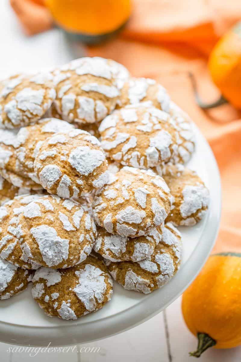 Pumpkin Crinkle Cookies on a cake plate