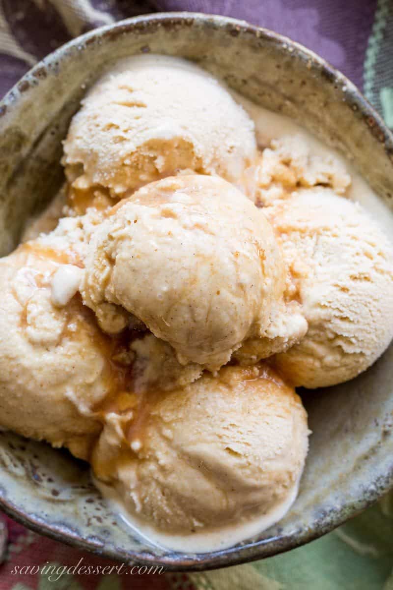 A close up of a bowl of apple cider ice cream with cinnamon