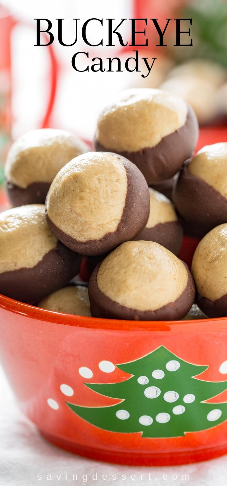 A festive bowl of chocolate dipped peanut butter Buckeye Candy