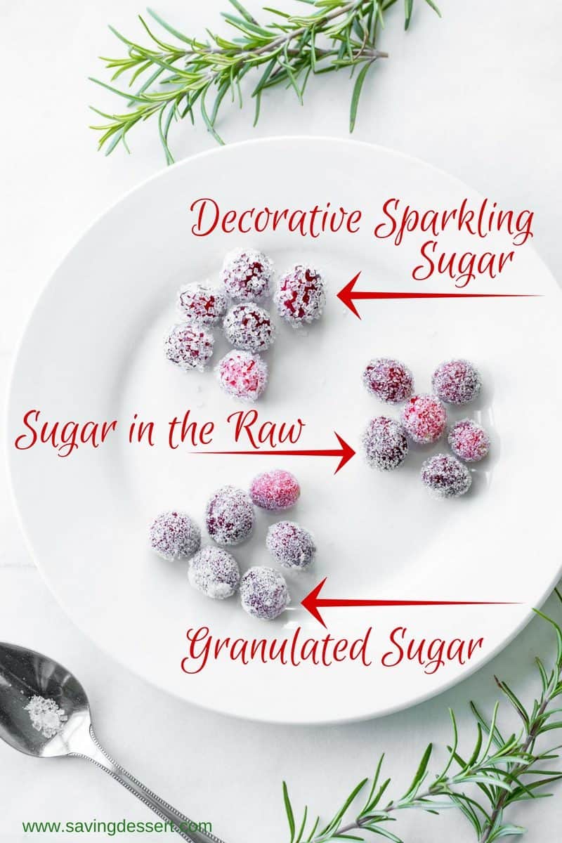 A plate with sugared cranberries showing the differences when using coarse or fine sugar to coat