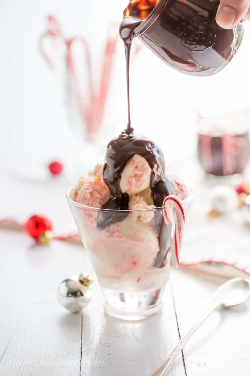 Chocolate Peppermint Sauce ~ a silky smooth, rich all-purpose chocolate sauce with bright peppermint flavor that may be the highlight of your holiday dessert table. Easy to make and perfect served on ice cream, stirred in warm milk for a fantastic hot chocolate, drizzled on cookies or cake or as a dip for fruit. Perfect for gifting too! www.savingdessert.com #savingroomfordessert #chocolate #chocolatesauce #peppermint #dessert