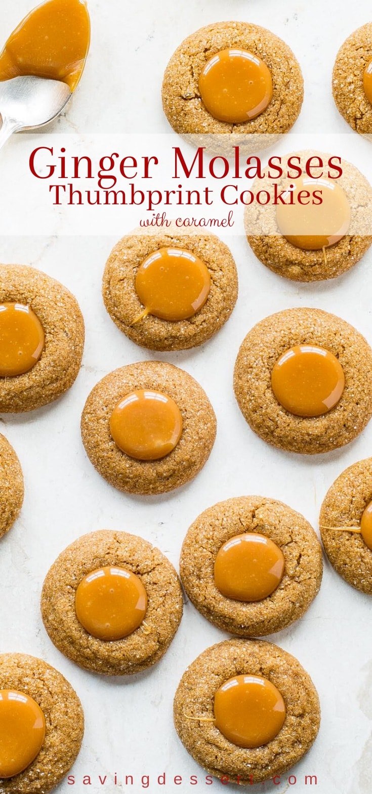 A tray of ginger molasses cookies filled with caramel