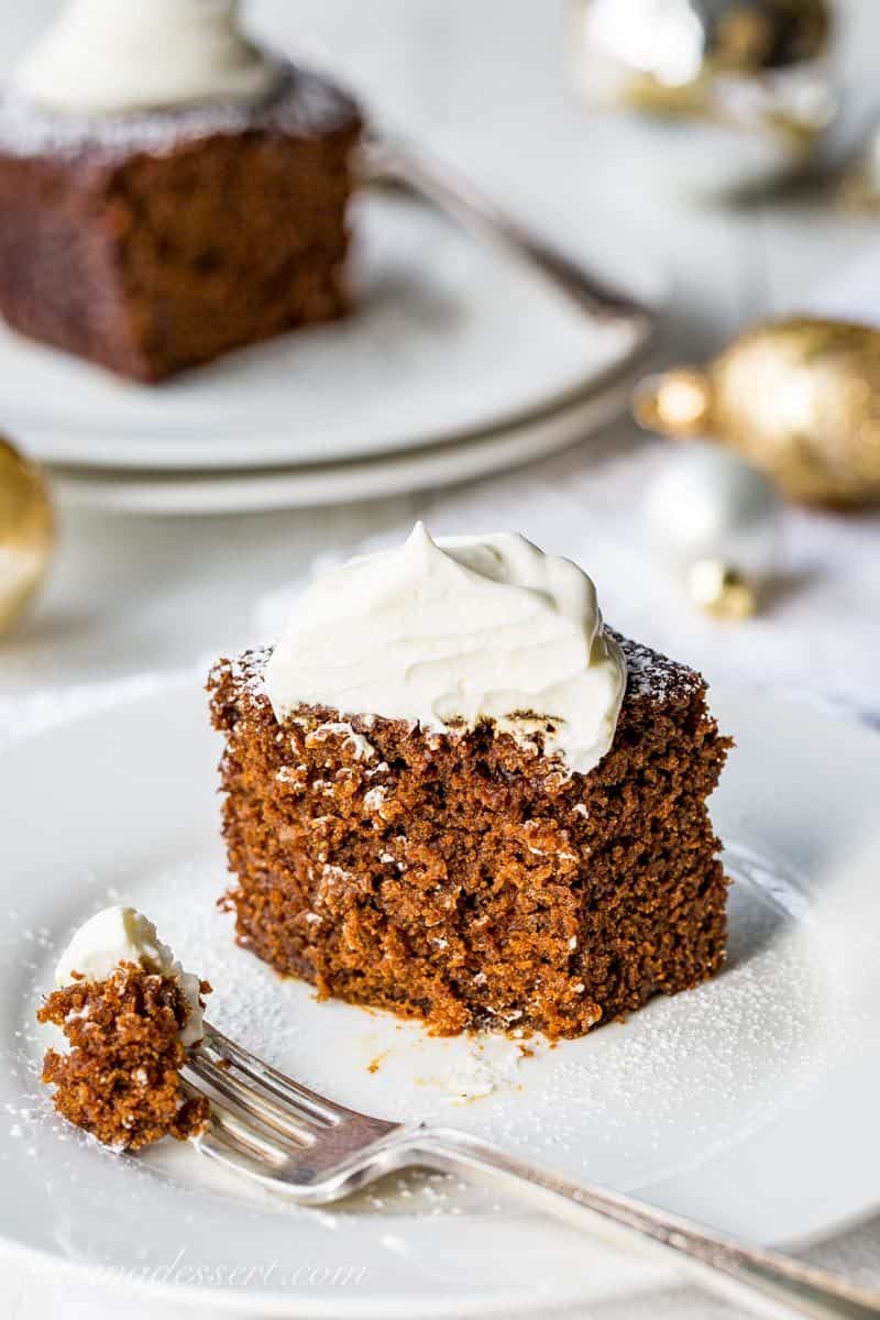 Old-Fashioned Gingerbread Cake with Lemon Cream - if you love ginger and molasses, and a cake that's not too sweet, this simple one-bowl Gingerbread is for you (and me!) www.savingdessert.com #savingroomfordessert #gingerbreadcake #gingerbread #Christmasbaking #holidaybaking