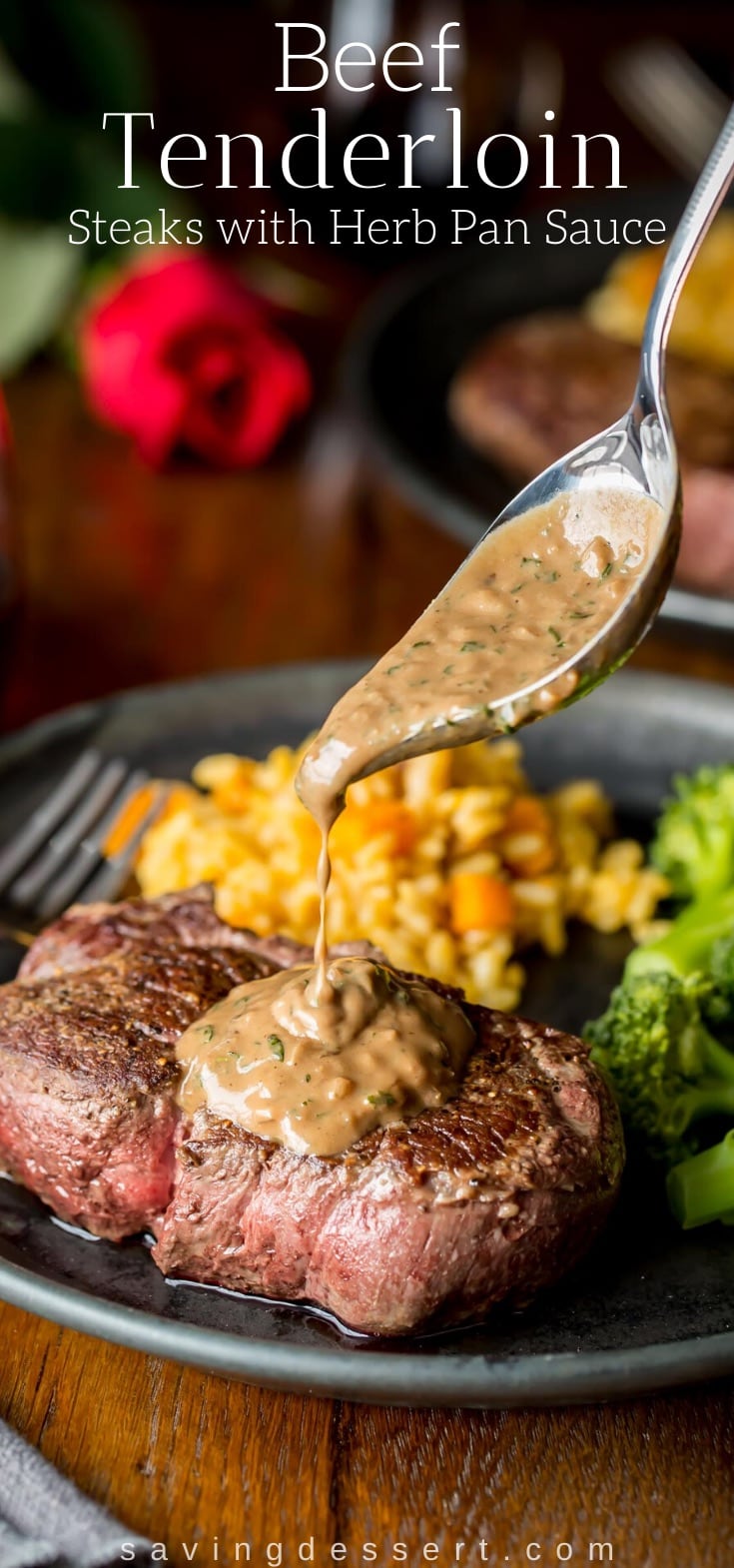 A beef tenderloin steak drizzled with herbed pan sauce served with broccoli and rice