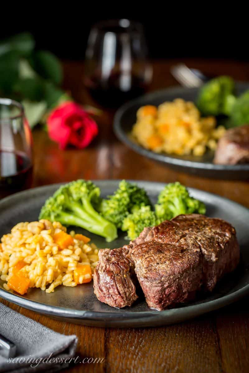 Beef Tenderloin Steaks with Herb Pan Sauce, broccoli and rice