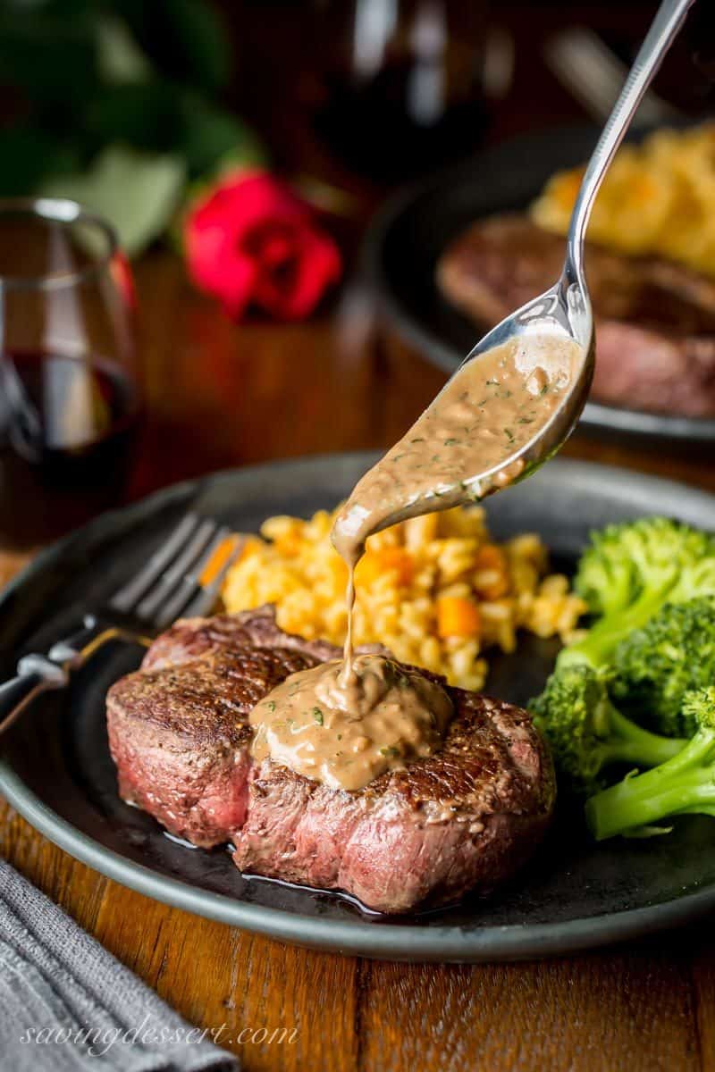 Tender and juicy Beef Tenderloin Steaks drizzled with a Herb Pan Sauce 