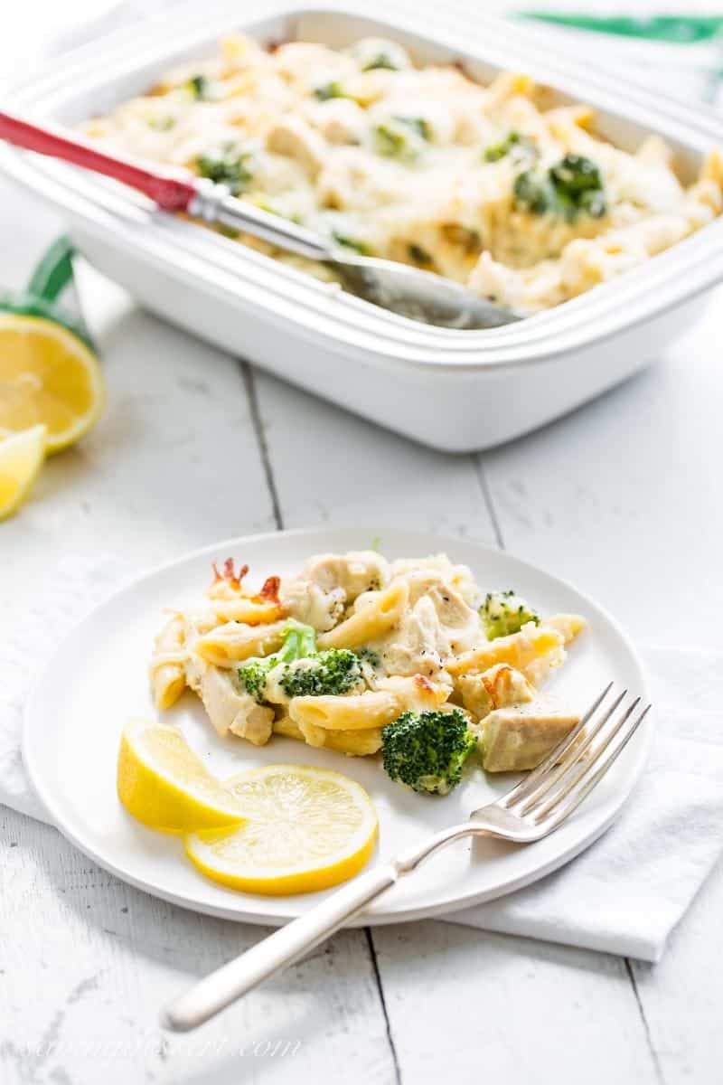 Broccoli & Chicken Alfredo Bake casserole with lemon