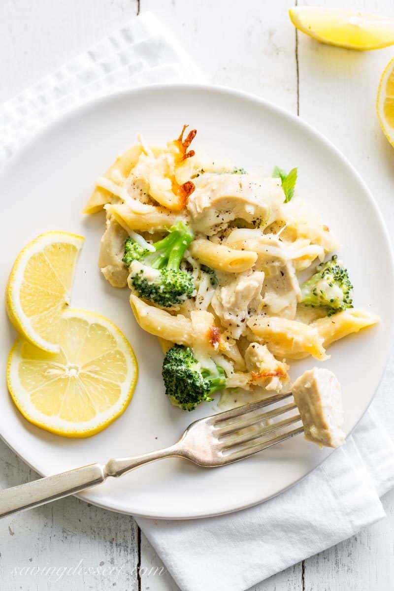 Broccoli & Chicken Alfredo Bake casserole with lemon