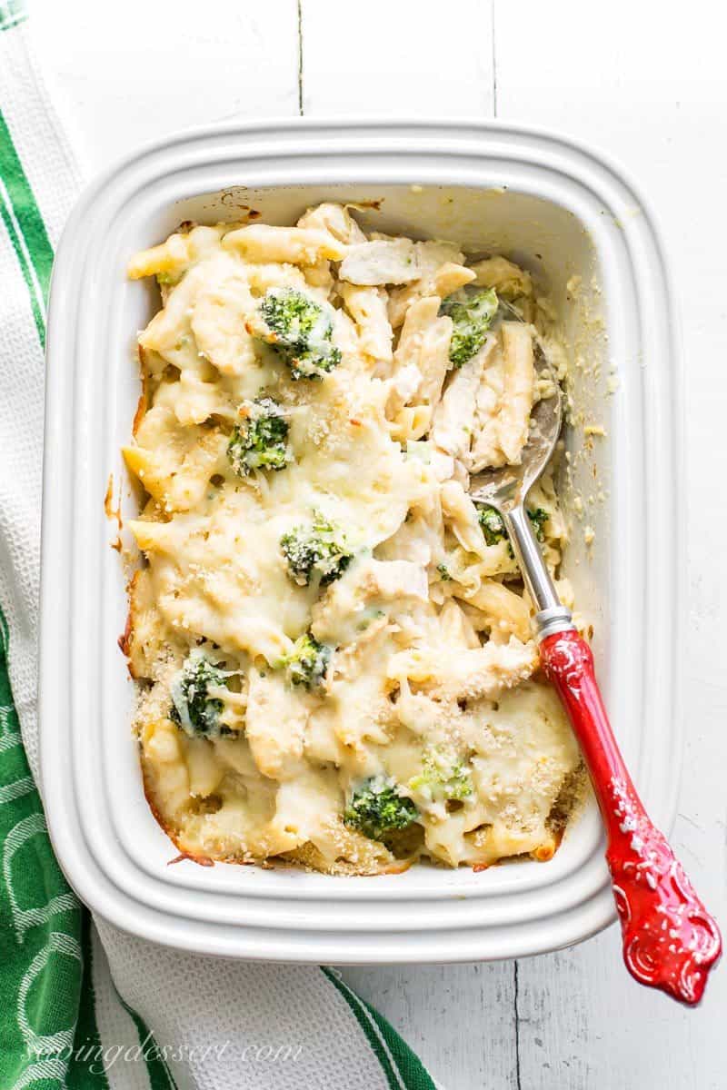 Broccoli & Chicken Alfredo Bake casserole with lemon