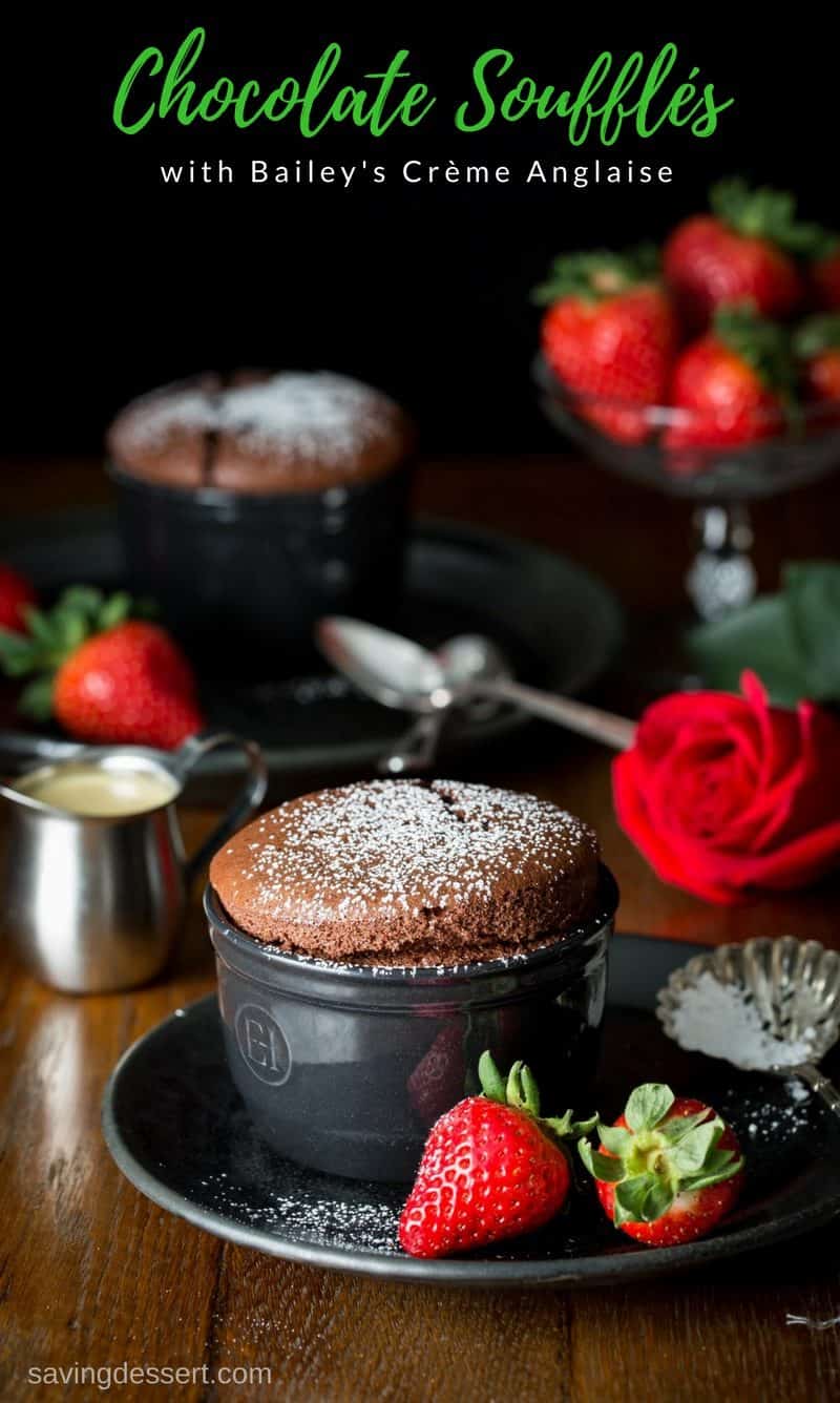 chocolate souffle with bailey’s crème anglaise