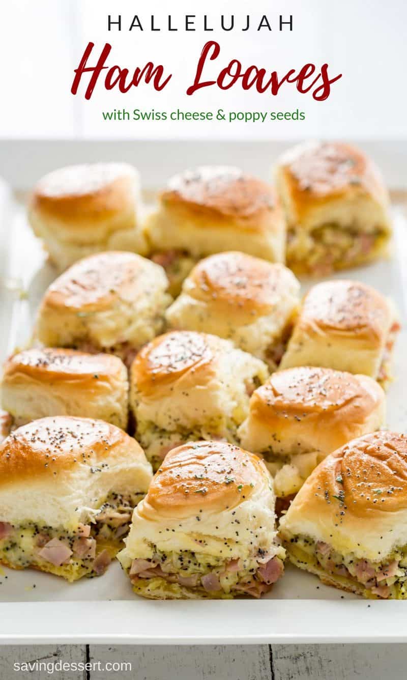 Hallelujah Ham Loaves (also known as ham and cheese sliders) - Stuffed with chopped sweet ham, plenty of shredded Swiss, diced onions and poppy seeds, these easy make-ahead hearty sliders are just the thing for your office party, anytime get-together, or football-frenzied hoopla! #savingroomfordessert #hamandcheese #sliders #hamsliders #partyfood #partysandwiches #partysliders