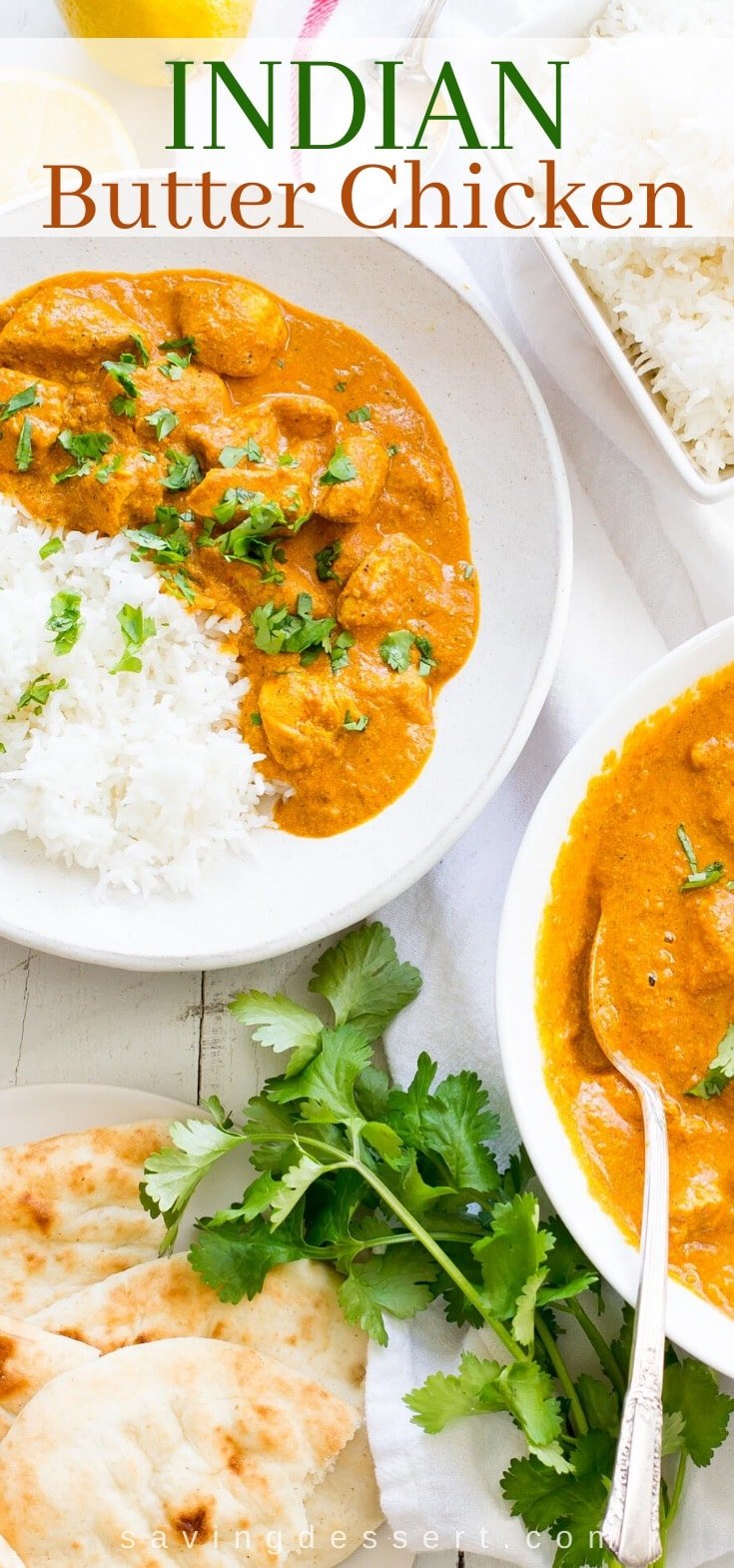 Bowls of Indian Butter Chicken with rice and Naan bread