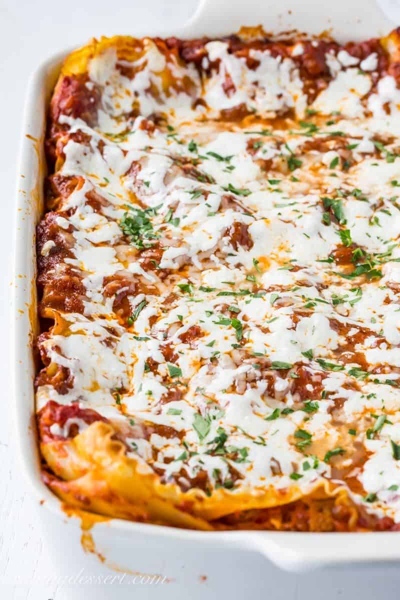 A big pan of classic rich, meaty & cheesy lasagna from Savingdessert.com
