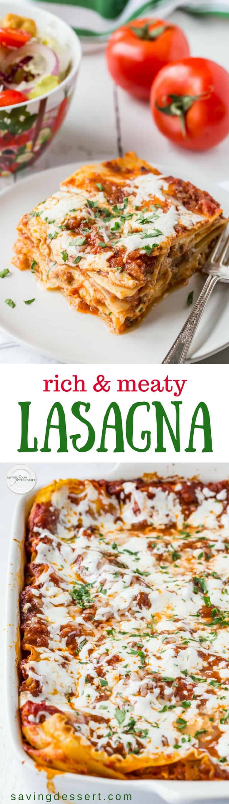 With our Rich & Meaty Classic Lasagna Recipe you'll be able to feed a small crowd or at least your super hungry family! With homemade meatballs, Italian sausage and plenty of cheesy goodness, this lasagna is worth every minute it takes to make! savingdessert.com #savingroomfordessert #lasagna #homemadelasagna #meatylasagna #meatballs #italian #classiclasagna #feedacrowd #dinnerpartyrecipe #comfortfood 