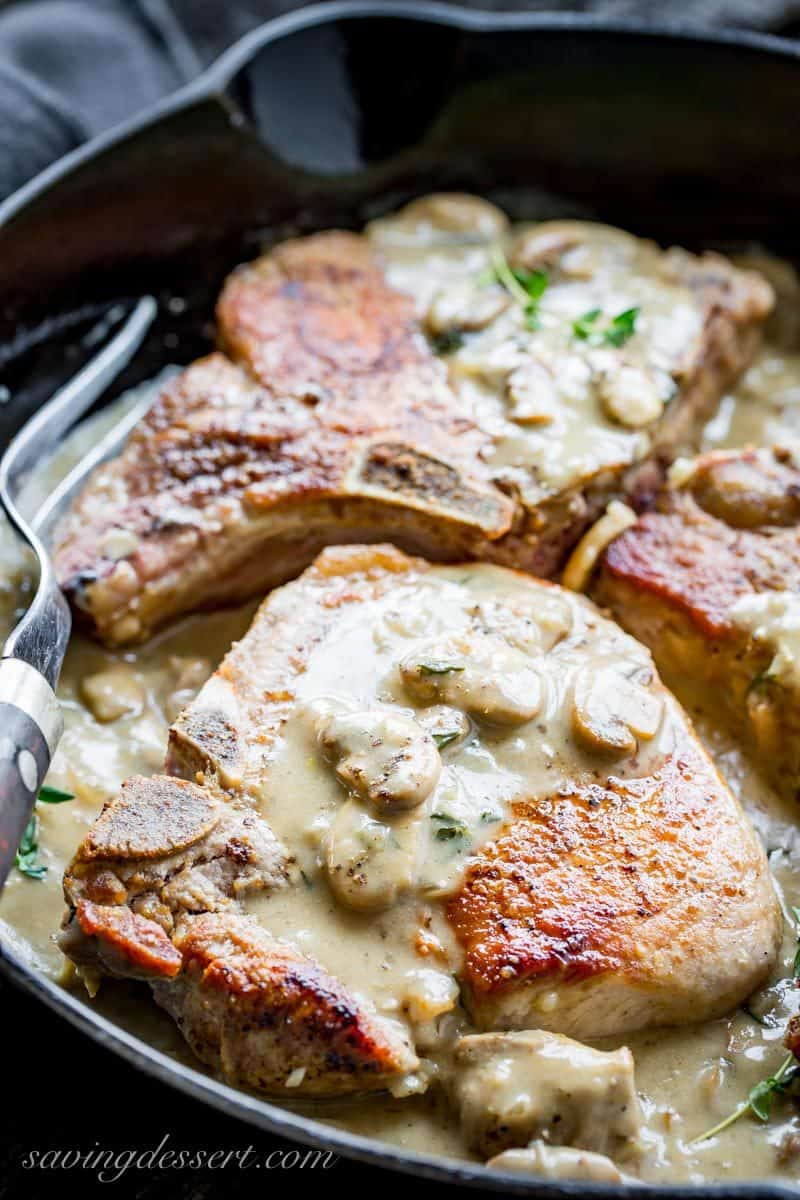 Pork Chops with Mushroom Wine Pan Sauce - Saving Room for Dessert