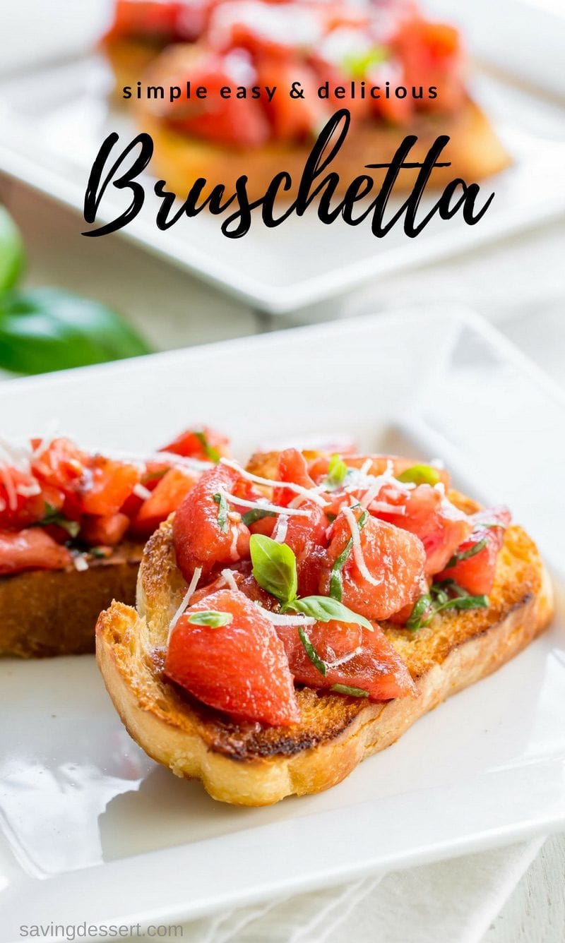 Tomatoes, basil, and Parmesan cheese on toasted Italian bread - Bruschetta!