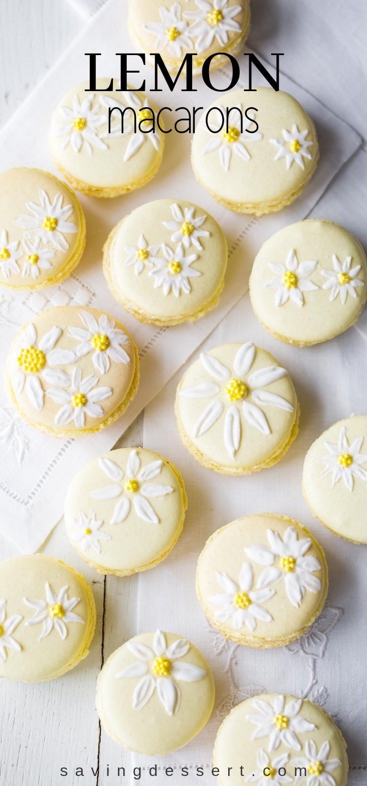 Lemon Macarons - brighten your day with these delicious cookies decorated with a few brushstrokes of royal icing and sprinkles to help usher in the first warm days of spring. #macarons #lemon #cookies #meringuecookies #lemonmacarons #Italianmacarons #decoratedmacaron #macaron
