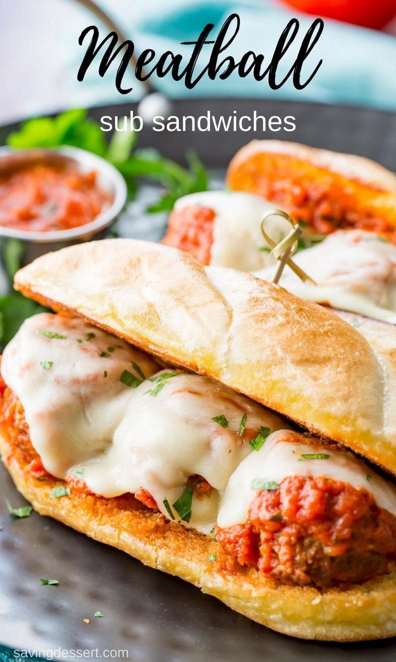 Easy, cheesy and delicious, homemade Meatball Sub Sandwiches are sure to satisfy and so much better than you can get in a fast-food restaurant! #savingroomfordessert #meatball #subsandwich #sandwich #meatballsub #submarinesandwich 