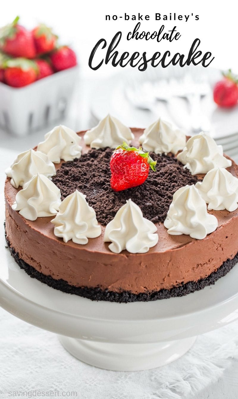 No-Bake Baileys Chocolate Cheesecake with a chocolate cookie crust - this recipe couldn't be easier!Â I love the tanginess in this Bailey's Cheesecake along with the great silky texture, subtle richness and the intense chocolate flavor that adds a luxurious flair to this no-bake dessert. www.savingdessert.com #savingroomfordessert #cheesecake #nobakecheesecake #Baileyschocolatecheesecake #chocolatecheesecake #dessert #nobake #baileys #bailey's