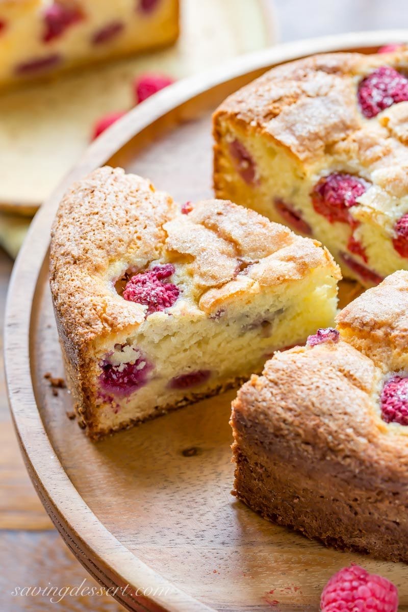 A slice of raspberry ricotta breakfast cake