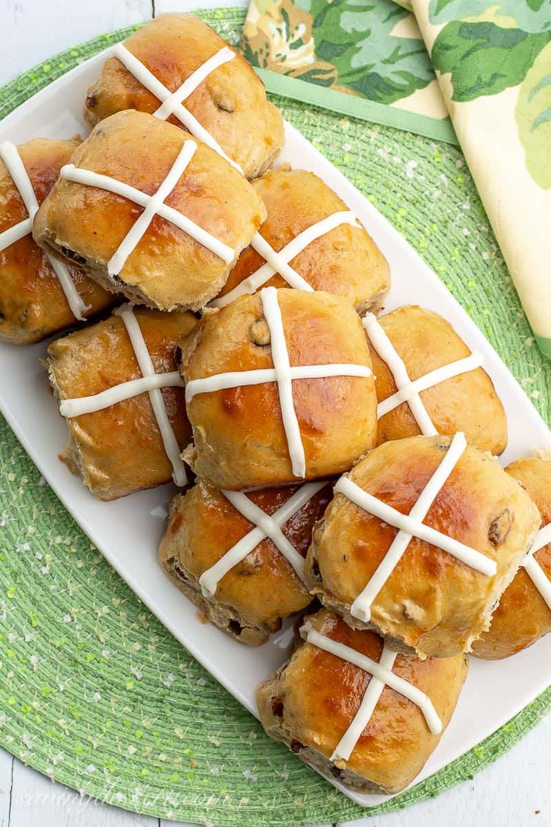 Closeup of a tray of Hot Cross Buns