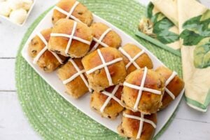 Overhead view of a platter of hot cross buns