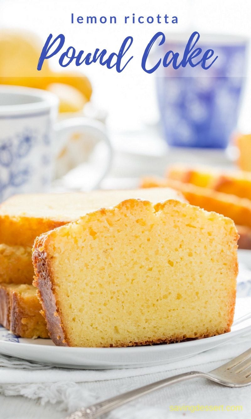 Easy Lemon Ricotta Pound Cake - a terrific little cake with plenty of lemon flavor and an amazing moist texture. Lightly glazed with an intense lemon syrup for plenty of bite and tang. Also bakes up beautifully with the addition of blueberries or raspberries! #savingroomfordessert #lemon #poundcake #ricottapoundcake #lemonpoundcake #cake #dessert #easypoundcake