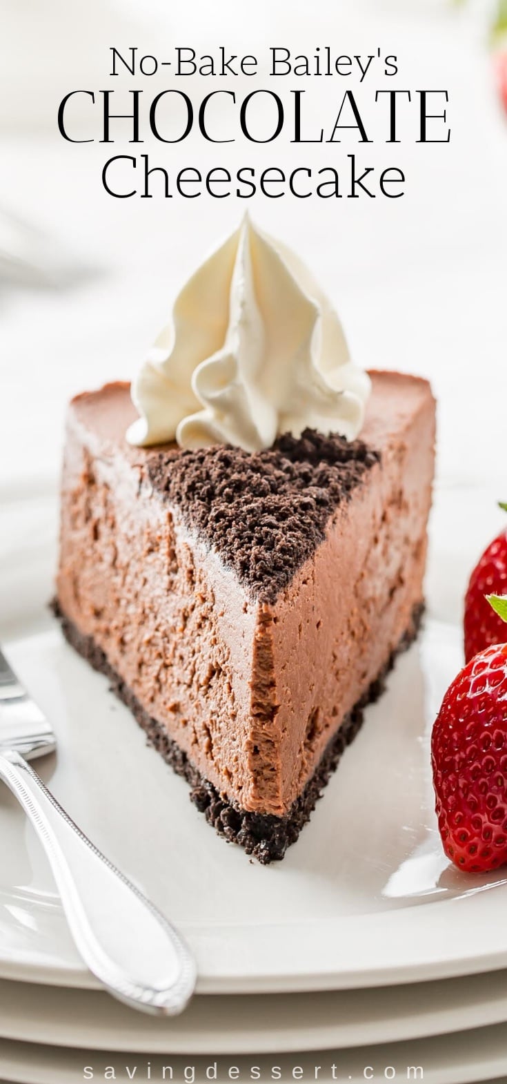 A slice of chocolate cheesecake topped with whipped cream