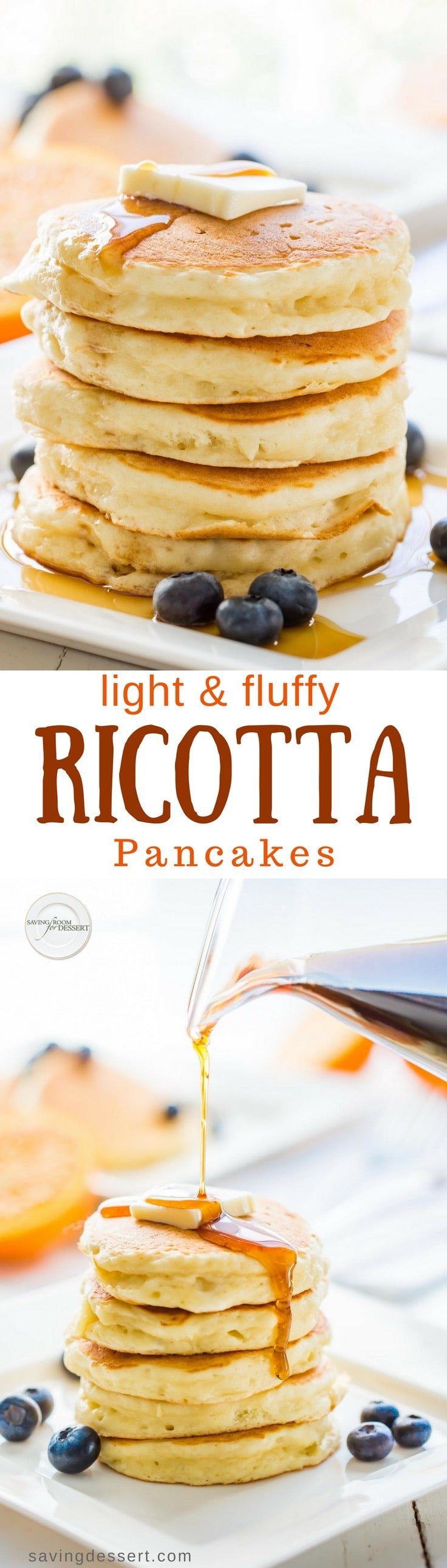 Light & fluffy Ricotta Pancakes with hints of lemon and a fantastic texture to soak up a little syrup. Serve with your favorite fresh fruit for a delightful and delicious way to start the day! www.savingdessert.com #savingroomfordessert #pancakes #ricotta #ricottapancakes #easypancakes #breakfast #brunch #mothersday #weekend