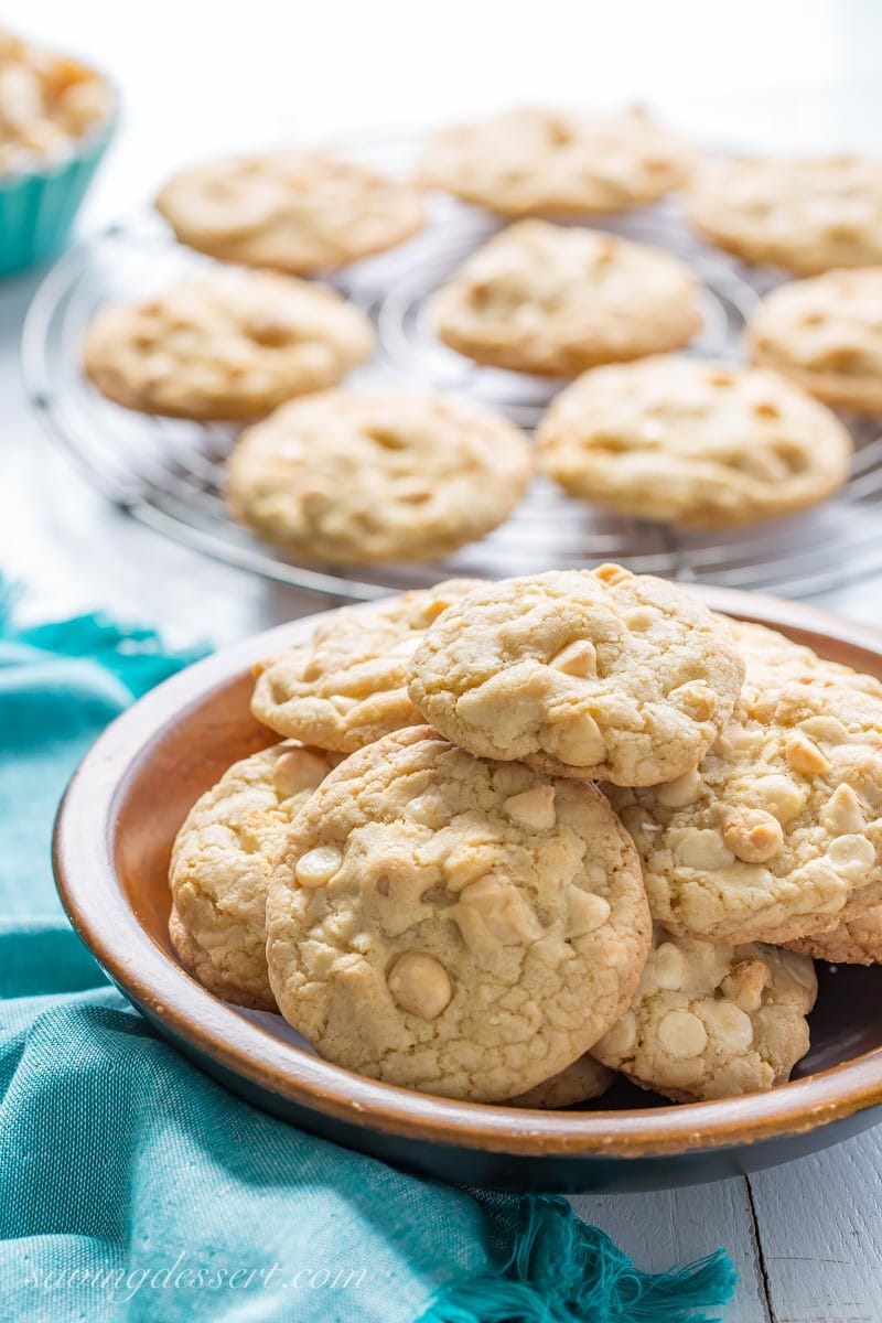 A bowl of white chocolate nut cookies