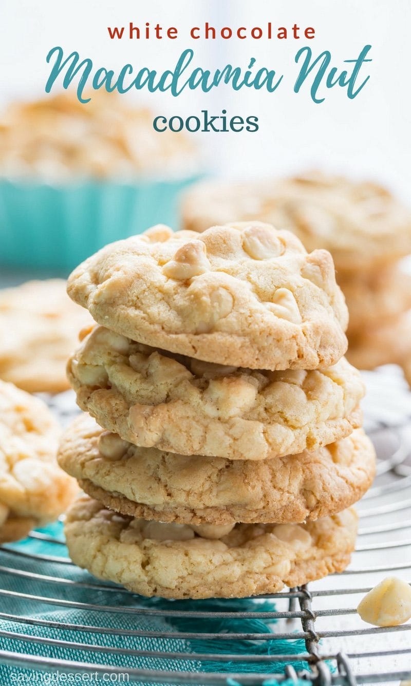 A stack of macadamia nut cookies on a cooling rack