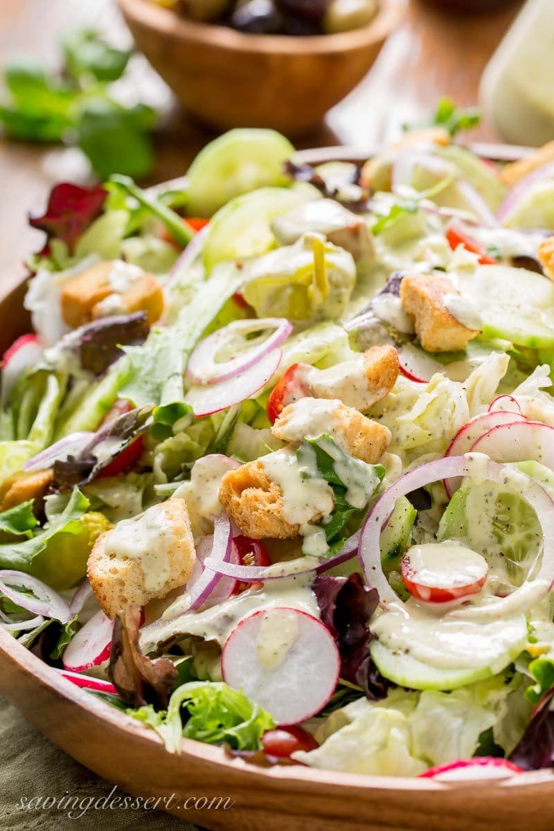 Fresh tossed salad drizzled with a creamy dressing