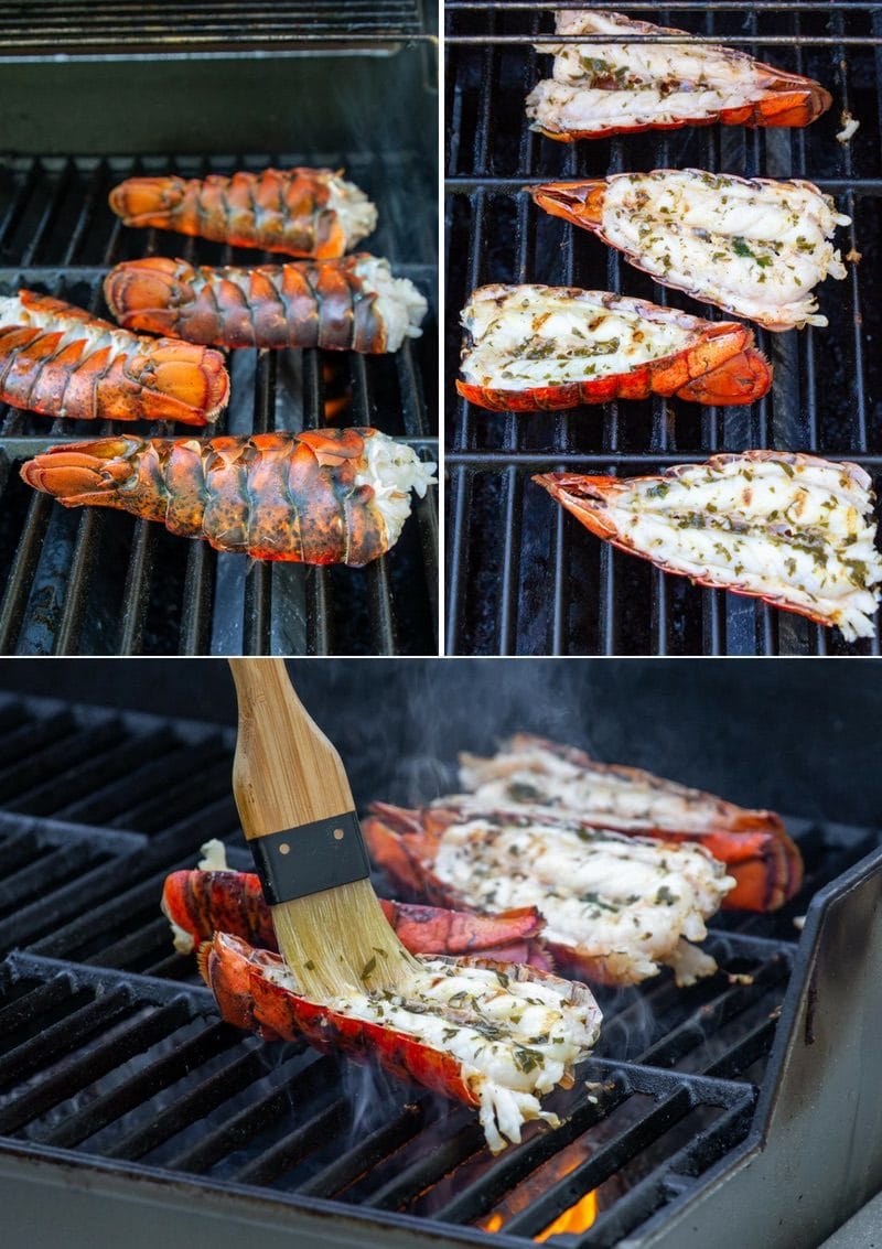 A collage of lobster tails on a grill being brushed with garlic, lemon butter