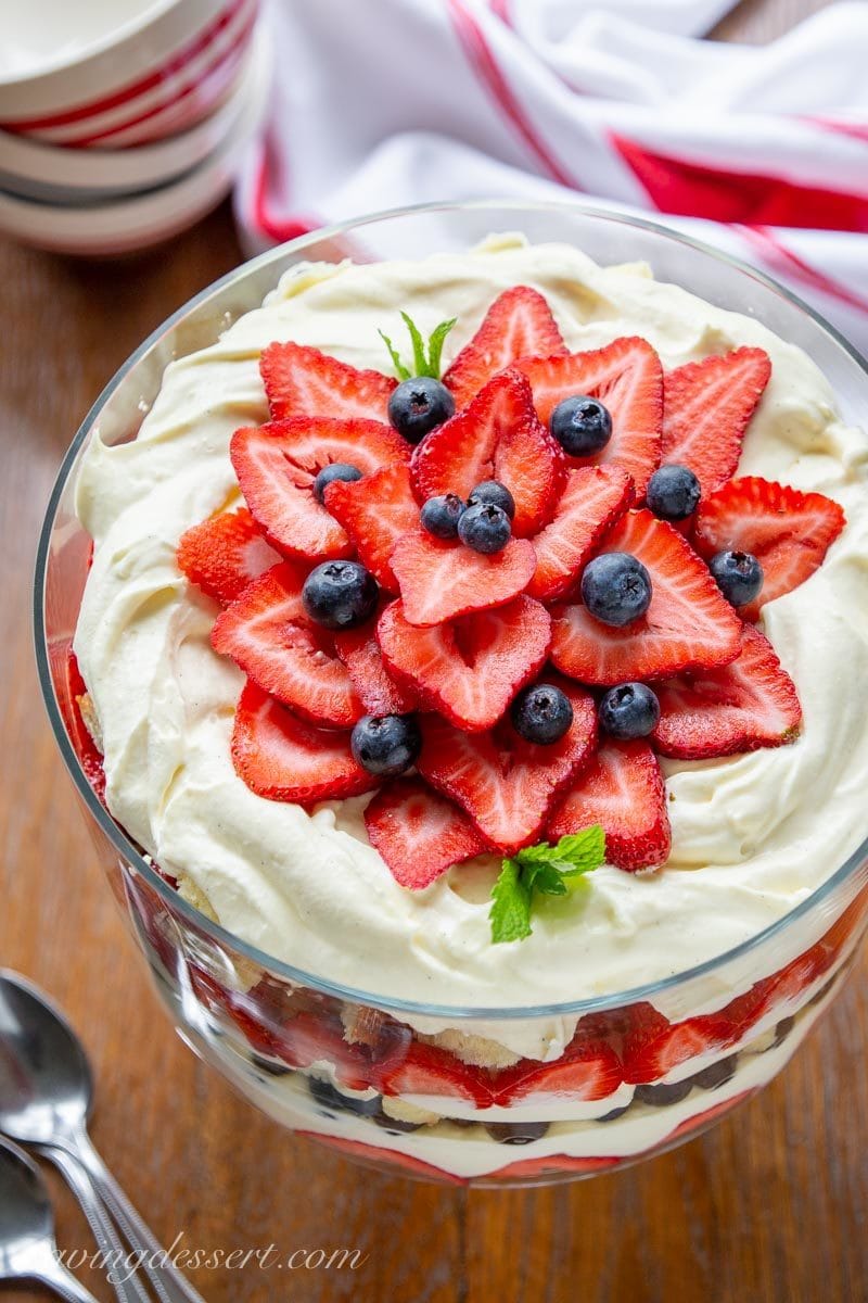 A trifle dessert with strawberries, blueberries, pound cake and vanilla custard