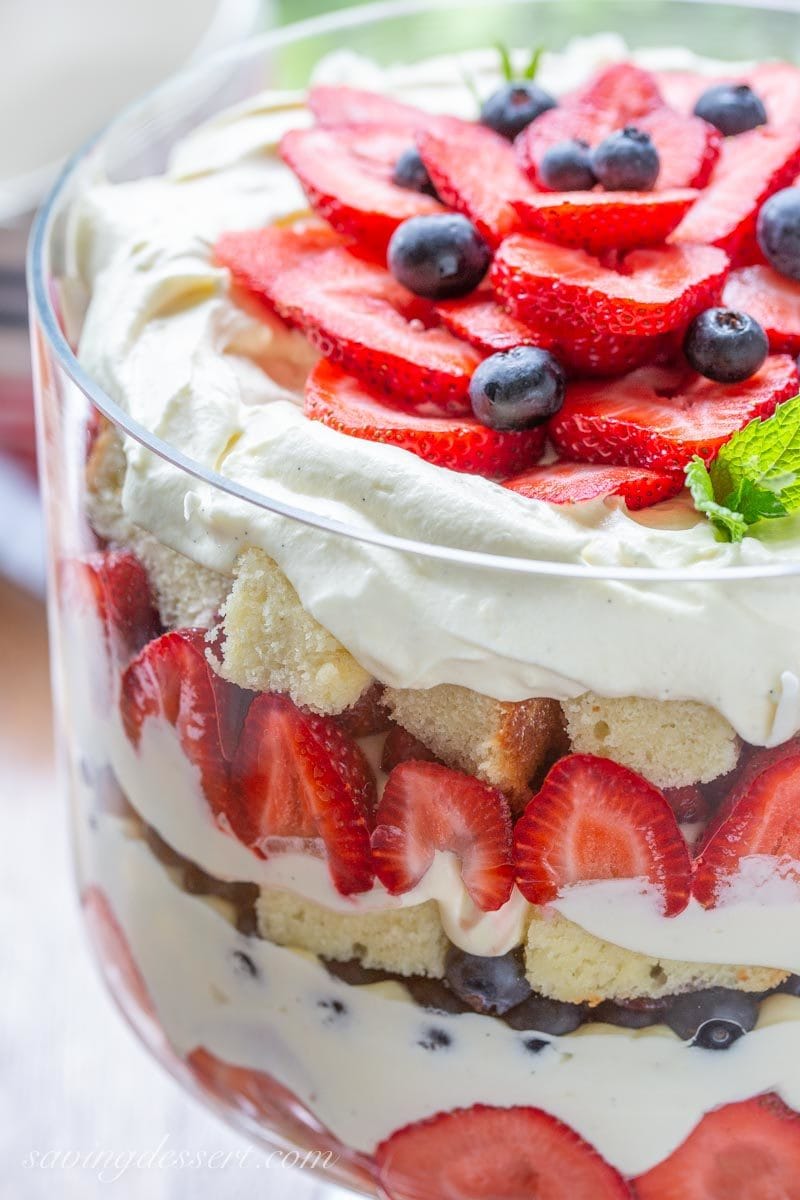 A close up of a trifle bowl with mixed berries, pound cake and vanilla custard