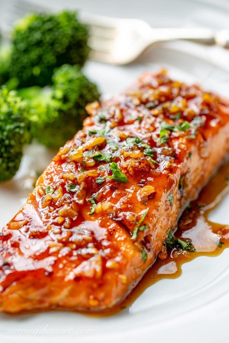 Spicy Salmon in a honey-lime garlic sauce served with broccoli on a plate
