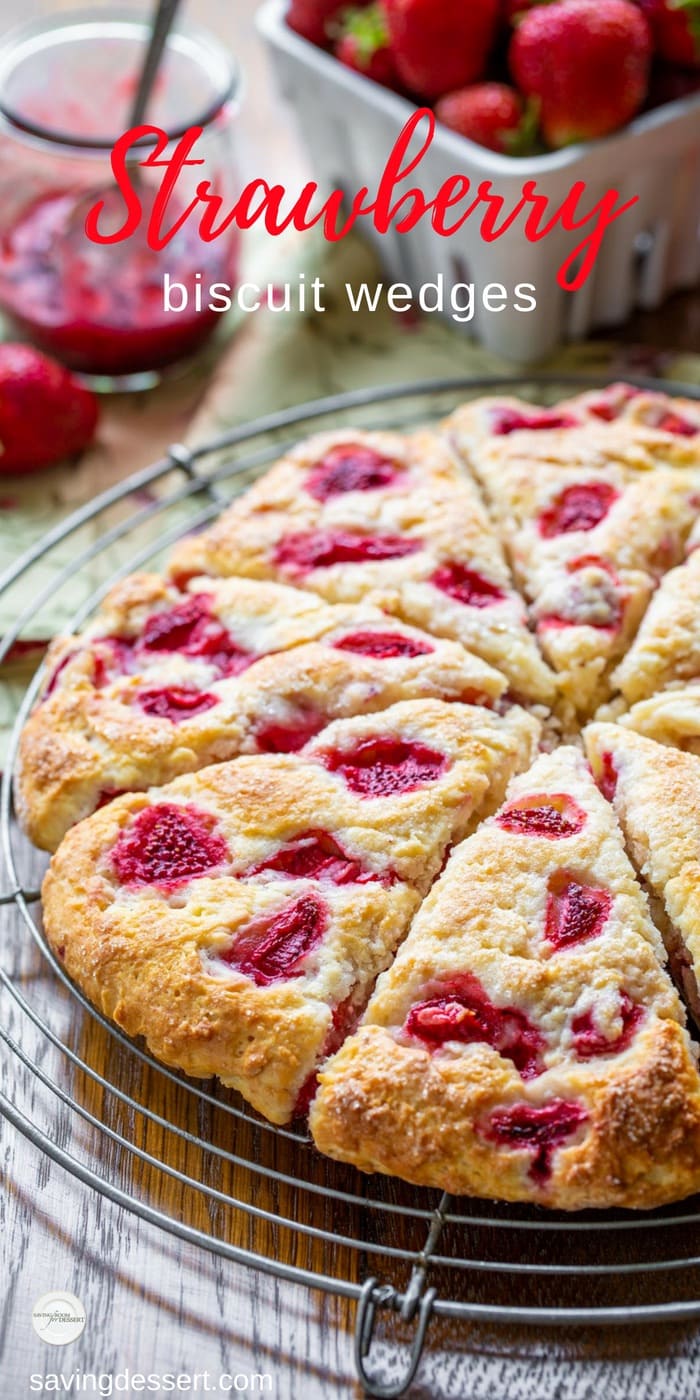 Strawberry Biscuit Wedges - a lightly sweet buttermilk biscuit stuffed with ripe strawberries and drizzled with a simple icing. You'll love the soft biscuit texture and the pops of strawberry flavor in every bite! #savingroomfordessert #biscuit #strawberry #strawberrybreakfast #breakfast #brunch #biscuitwedges #strawberrybiscuit