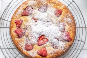 Strawberry Cake topped with powdered sugar